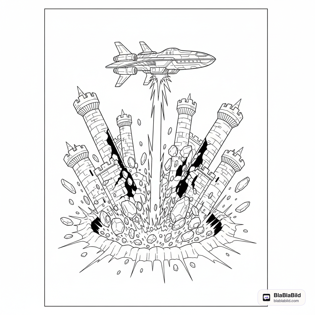 Coloring page from a mini story about a spaceship fixing a fallen star castle.