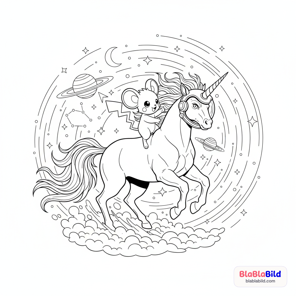 Ein Einhorn mit Astronautenhelm im Weltall, geritten von…