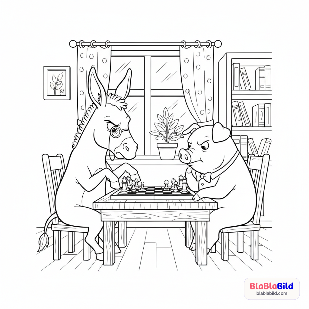 Ein Esel und ein Schwein spielen konzentriert Schach