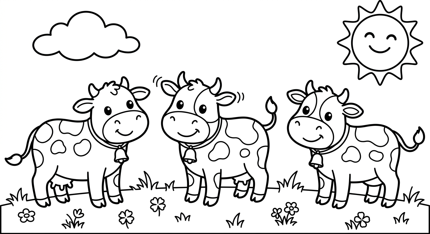 Coloring page of three cows standing in a line.