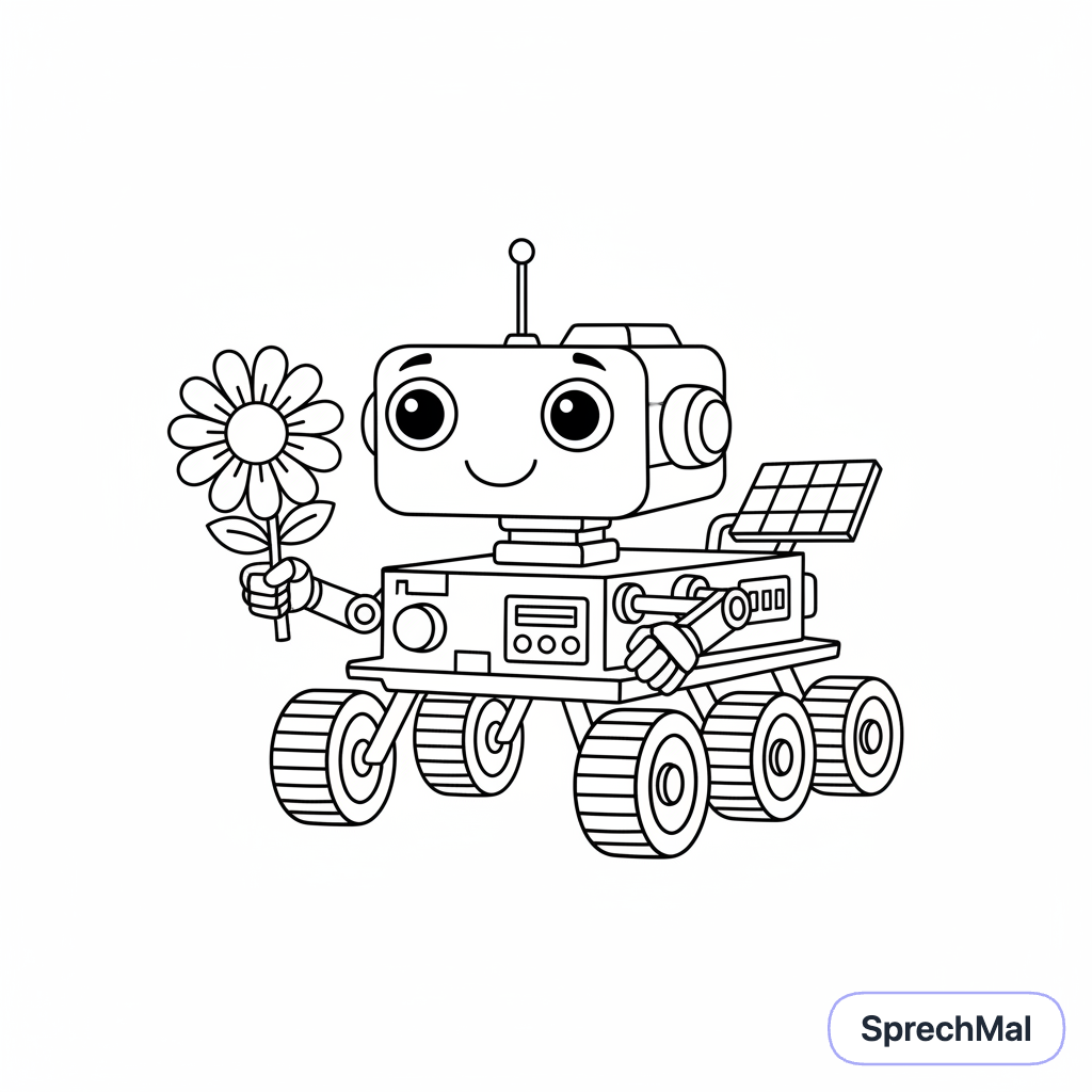 Malvorlage: Ein Rover landet auf dem Mars und hat eine Blume in der Hand