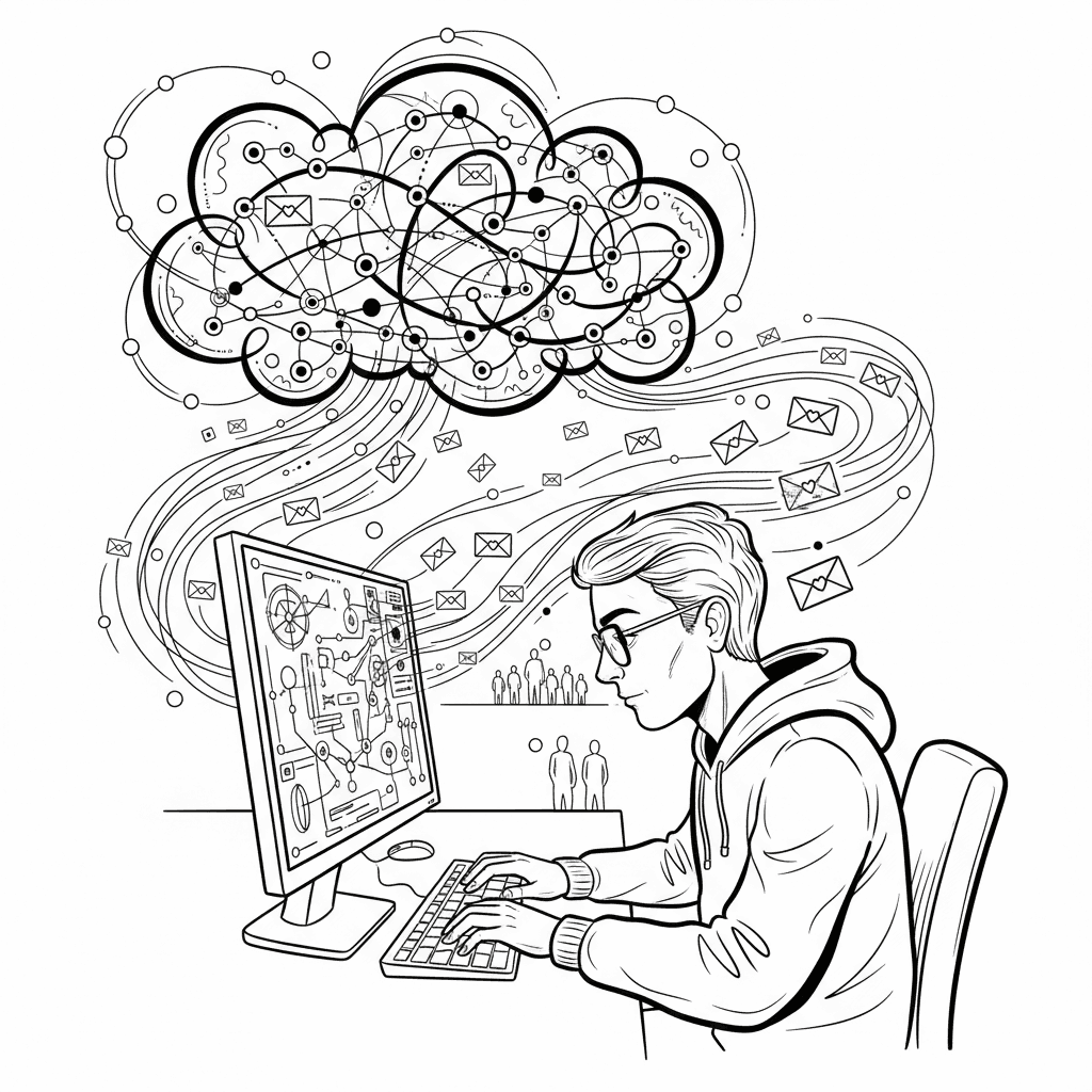 Seite 1: Tief in den digitalen Strömen baute er etwas Neues, ein Netz, das Briefe an Suchende verschickte. Jeder Klick, jedes Signal, war ein leises Flüstern im Äther, eine Hoffnung für die Verlorenen.