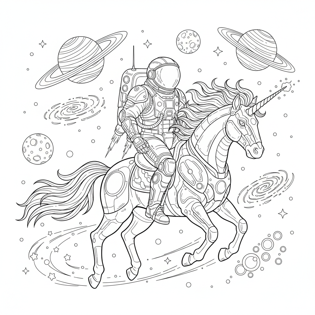 Seite 1: Tief im All, wo die Sterne wie Diamanten funkeln, gleitet der Astronaut auf seinem Einhorn dahin. Eine leise Stille umfängt sie, nur das ferne Glitzern der Galaxien durchbricht die Dunkelheit.