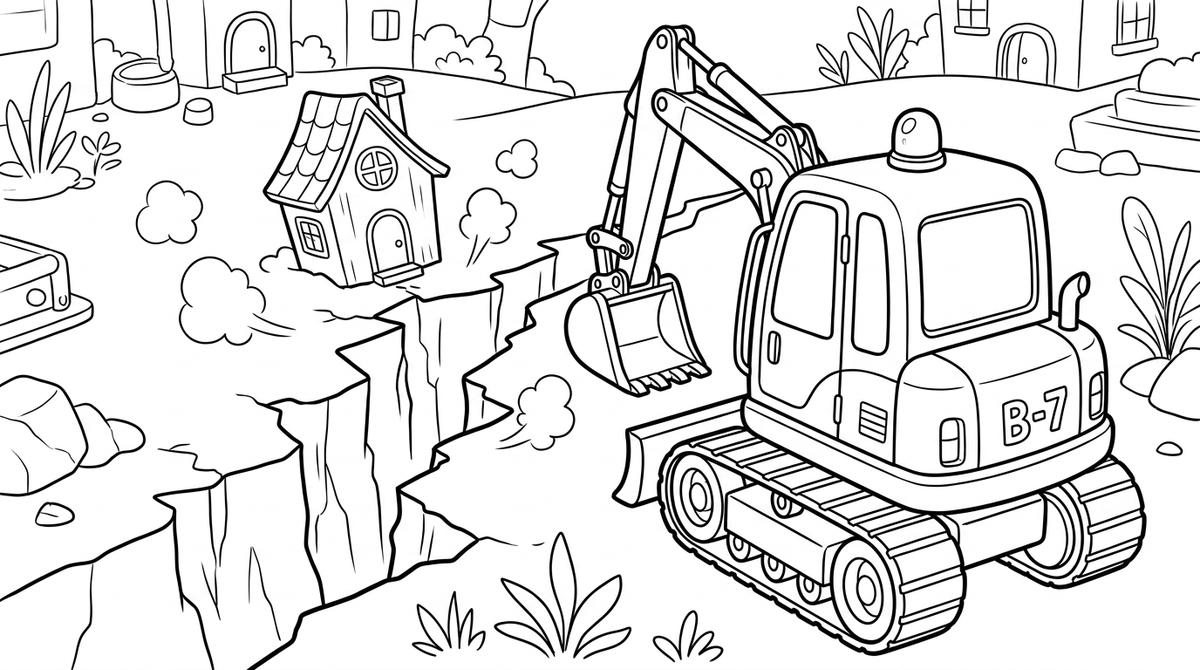 Seite 2: Plötzlich vibrierte der Boden. Ein tiefer Riss zog sich durch den Lehm, direkt auf ein winziges Haus zu. Der Bagger spürte das Beben, sein Visier blinkte rot auf, ein Notruf.