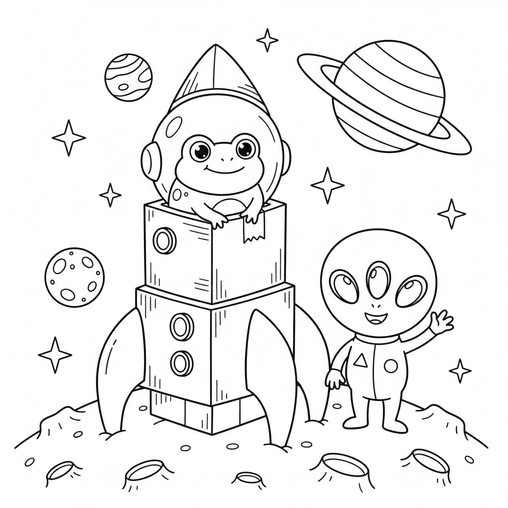 Seite 1: Der Frosch landet mit seiner Rakete auf dem Mond.