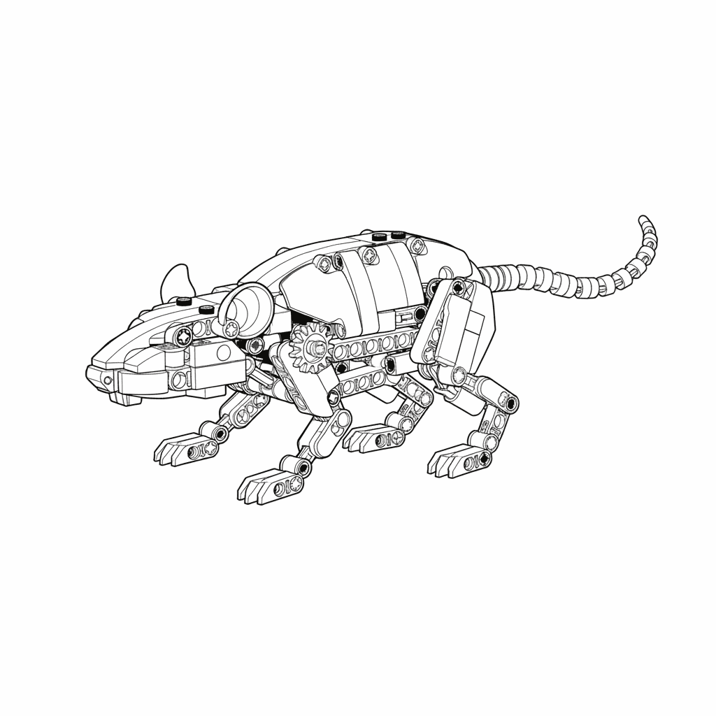 Seite 1: Die Technic-Ratte, ein Wunderwerk aus Zahnrädern und Achsen, stand bereit. Ihre mechanischen Augen blickten scharf in die Dämmerung des Labors, während der Motor leise summte und auf den Startbefehl wartete.