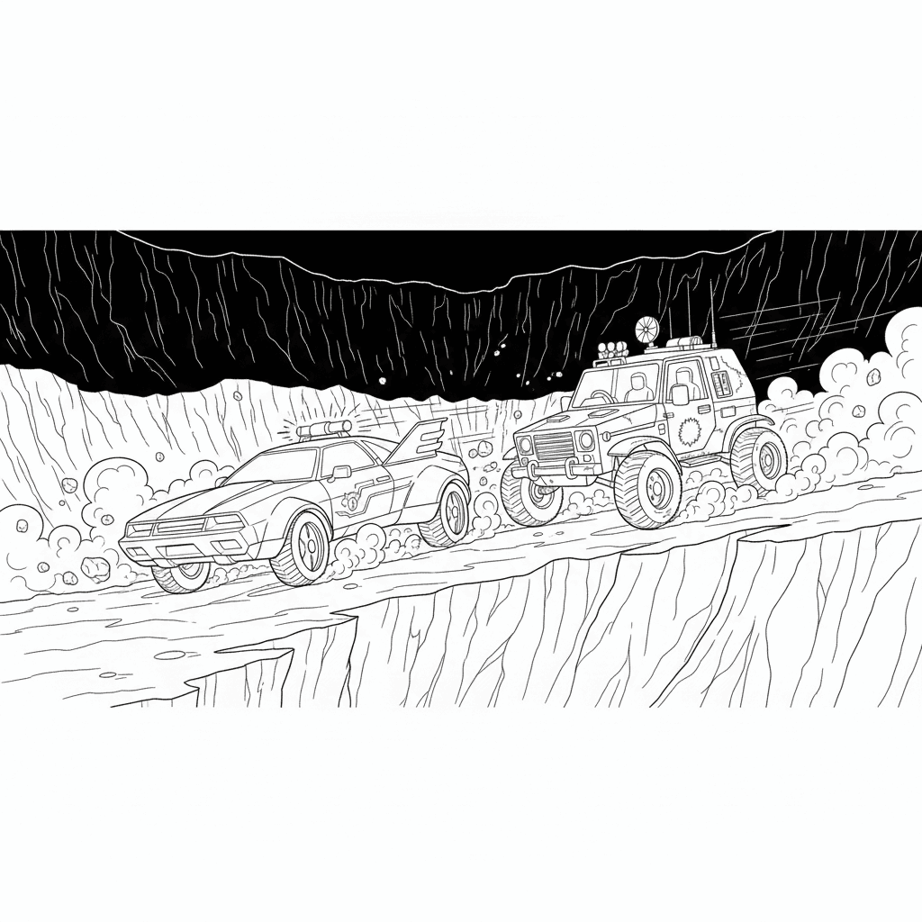 Seite 2: Plötzlich knirschen die Räder des Rovers, als er scharf abbiegt und in einen tiefen Krater rast. Das Polizeiauto muss schnell reagieren, um nicht den Anschluss zu verlieren. Der Motor heult auf.