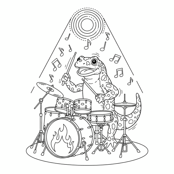 Malvorlage: Ein Feuersalamander spielt enthusiastisch Schlagzeug