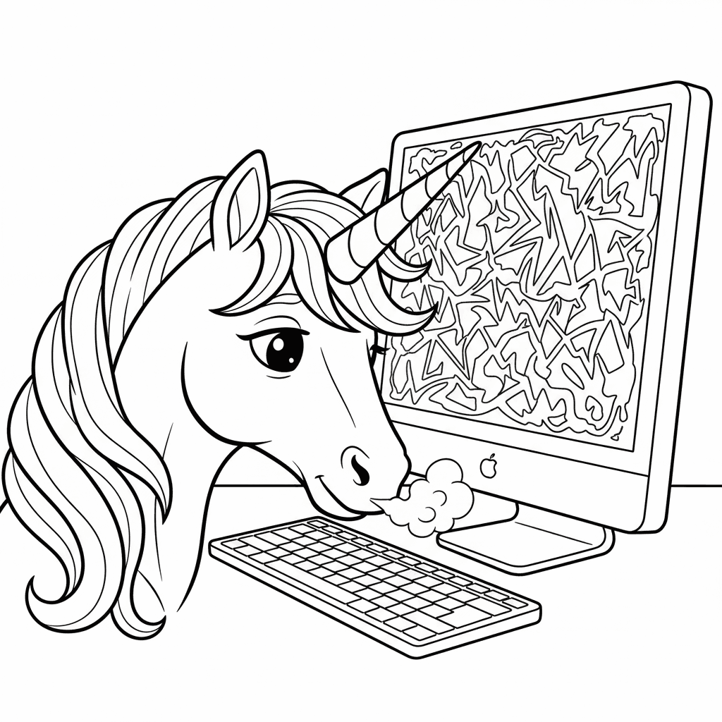 Seite 2: Plötzlich flackerte der Bildschirm auf, ein unerwartetes Glitzern zog die Aufmerksamkeit des Einhorns auf sich. Eine neue Nachricht erschien, ein einzelner Lead, der anders schien als alle anderen. Das Einhorn legte seine Schnauze sanft auf die Tastatur, eine Atemwolke bildete sich in der kühlen Raumluft.