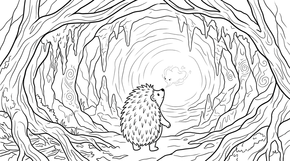 Seite 2: Plötzlich stieß der Igel auf eine verborgene Öffnung, die in einen Hohlraum führte, erfüllt von einem sanften, warmen Licht. Aus dem Inneren drang ein leises Flüstern, wie von unzähligen winzigen Stimmen.
