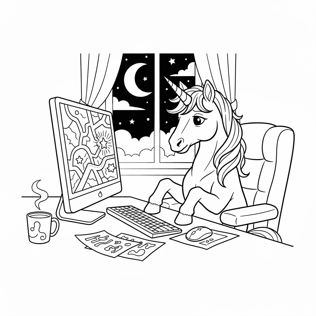 Seite 4: Der Bildschirm erstrahlte in einem warmen Goldsaum, und eine Karte mit einem weit entfernten Ort erschien. Das Einhorn blickte hinaus in die Nacht, das Mondlicht spiegelte sich in seinen Augen. Ein neues Abenteuer wartete, ein stilles Versprechen lag in der Luft, das es mit sich tragen würde.