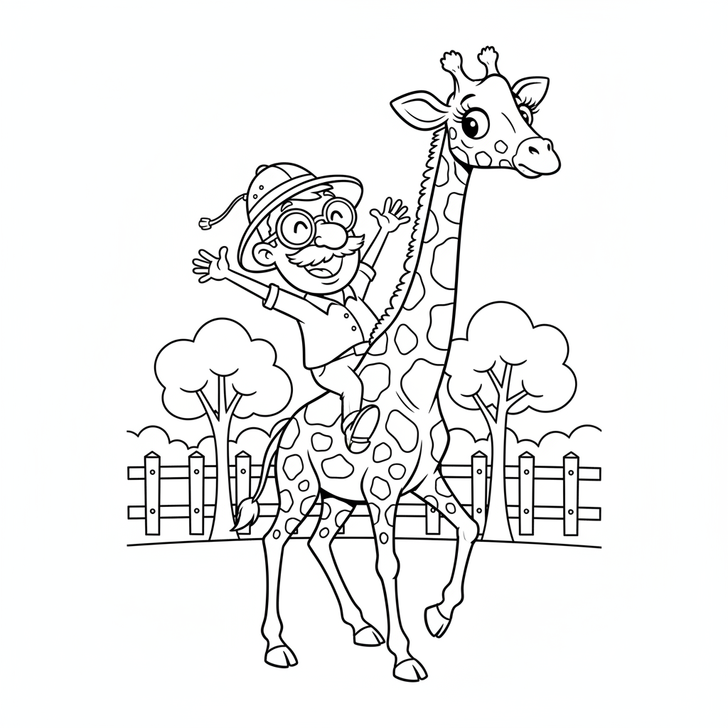 Seite 1: Der Zoowärter, ein Mann mit freundlichem Gesicht, reitet auf dem Rücken der großen Giraffe. Ein leises Schnauben erfüllt die Luft, während sie durch das Gehege gleiten. Die Sonne wirft lange Schatten, und ein warmer Wind streicht über ihre Gesichter.