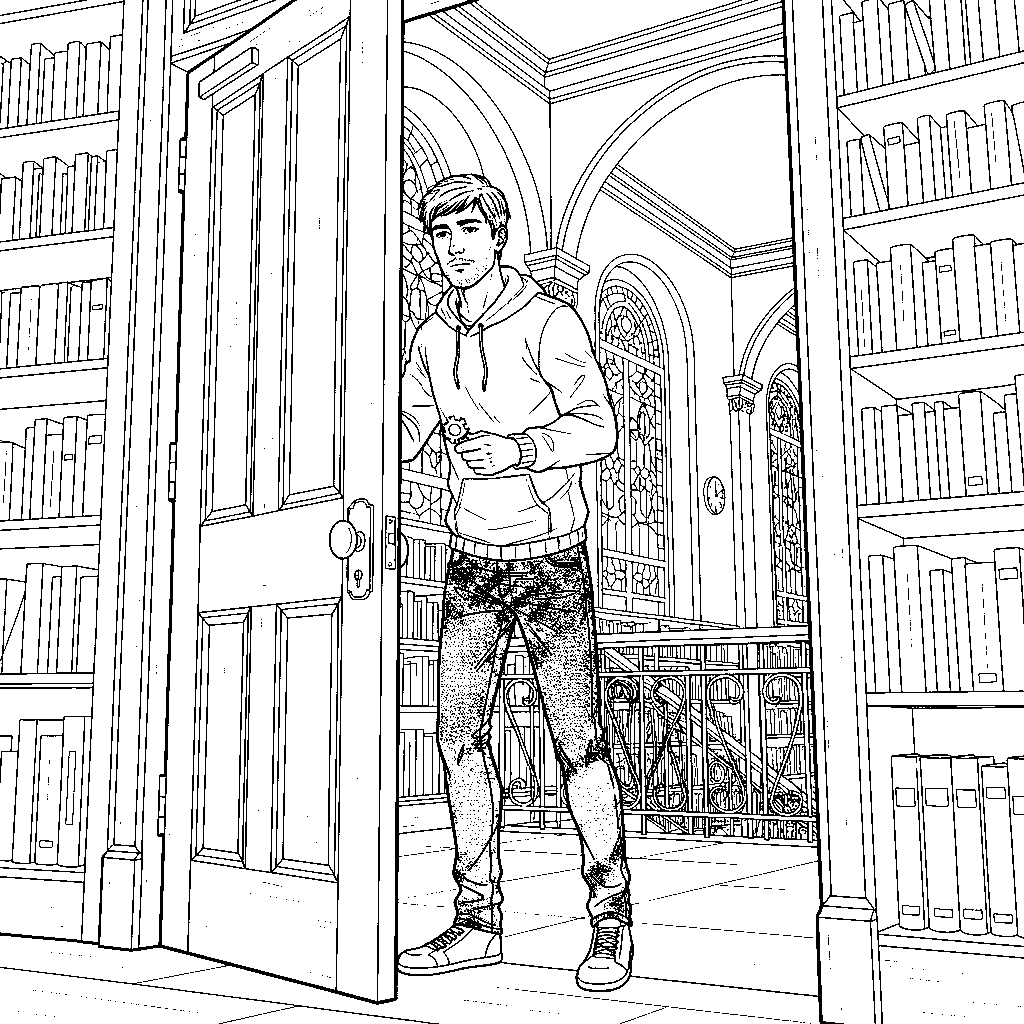 Seite 3: Das Zahnrad in seiner Hand fühlt sich kalt an, als er die alte Holztür der Bibliothek aufstößt. Ein leises Knarzen durchbricht die Stille, und ein Echo seiner Schritte hallt durch die hohen Gänge, während er nach Hinweisen sucht.