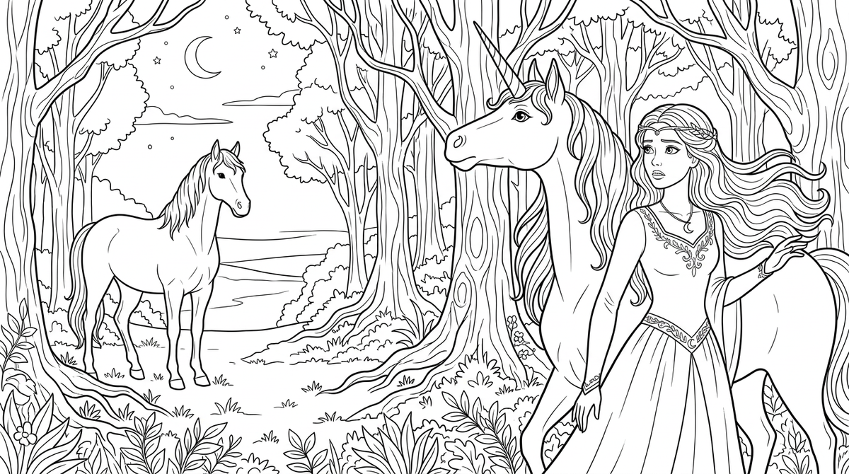 Seite 2: Plötzlich hob das Einhorn den Kopf, seine Augen weiteten sich. Ein leises Flüstern schien aus dem nahen Wald zu kommen, ein Echo, das nur sie beide hörten. Eine seltsame Unruhe erfasste Luna, als der Wind kühl über die Koppel strich.