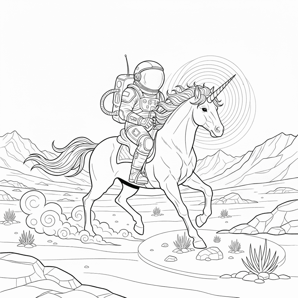 Seite 2: Plötzlich spürt der Astronaut eine leichte Erschütterung, als das Einhorn innehält. Ein sanftes Glitzern geht von seinem Horn aus, das den Sand vor ihnen in ein warmes Licht taucht.
