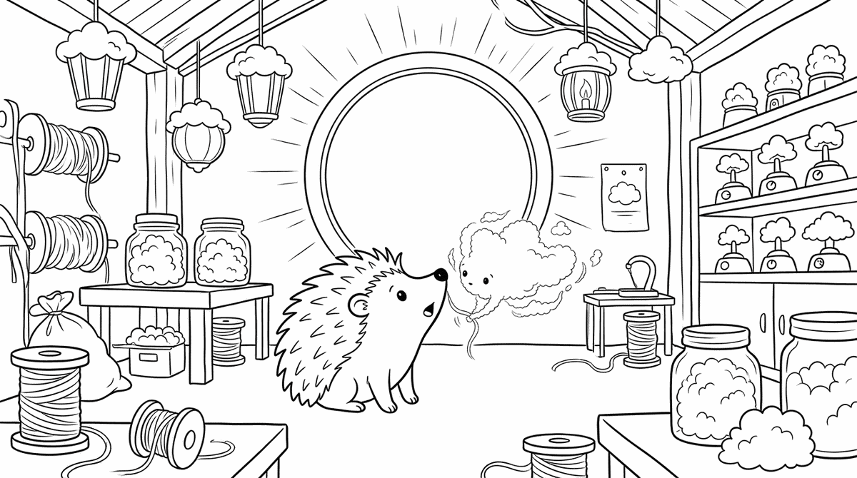 Seite 4: Der Igel reckte seine Nase vorsichtig in die Luft, um die Wolkenkreatur zu wittern, und ein Gefühl tiefer Verbundenheit durchströmte ihn. Ein Versprechen lag in der Stille zwischen ihnen, ein Echo zukünftiger Begegnungen.