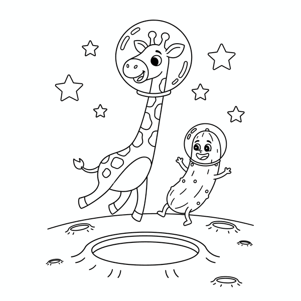 Malvorlage: Eine Giraffe hüpft über den Mond und trifft eine lachende