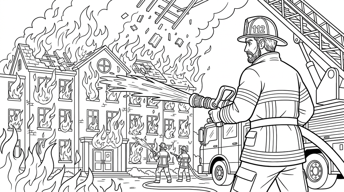 Seite 2: Ein lautes Knattern erfüllt die Luft, als Funken sprühen und ein Teil des Daches einstürzt. Der Feuerwehrmann zieht sein Visier herunter, die Kette der Ereignisse nimmt ihren Lauf. Er muss schnell handeln, bevor die Flammen sich weiter ausbreiten.