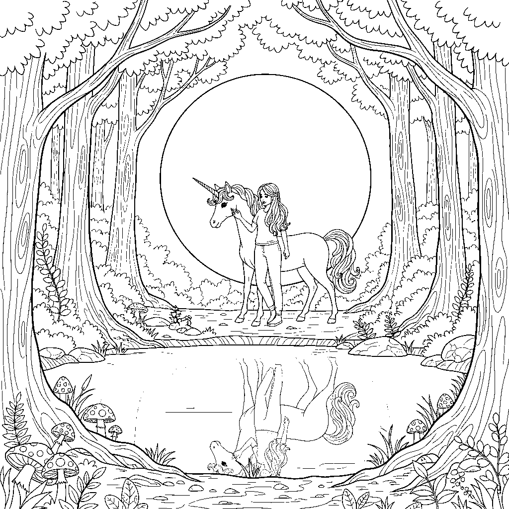 Seite 4: Tief im Wald, wo das Mondlicht einen Goldsaum auf die Blätter zaubert, stehen sie vor einem stillen Spiegel. Die Spiegelung des Einhorns leuchtet hell, ein Echo ihrer tiefen Verbundenheit.