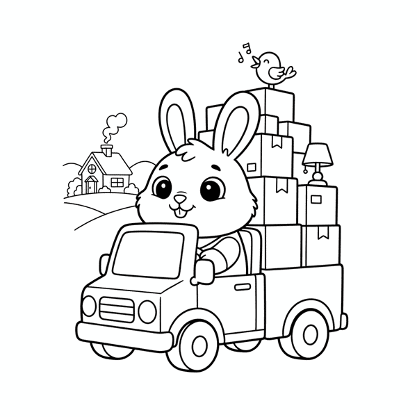 Malvorlage: Ein kleiner Hase zieht mit seinem vollen Umzugswagen