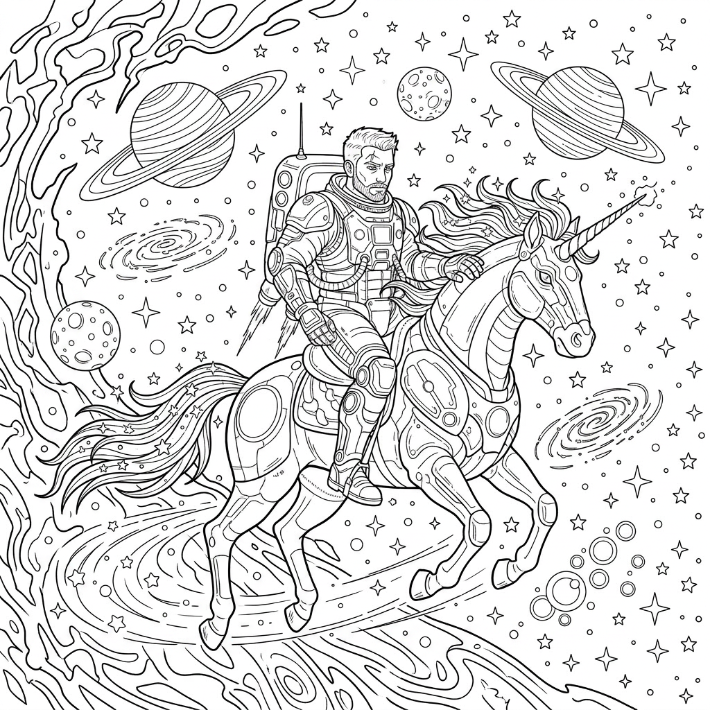 Seite 4: Mit einem letzten, kräftigen Stoß durchbrechen sie den Nebel. Vor ihnen breitet sich ein Meer aus neuen Sternen aus, deren Goldsaum am Horizont leuchtet. Das Einhorn wiehert leise, und der Astronaut lächelt, während sie dem fernen Licht entgegenfliegen, ein Spiegel ihrer gemeinsamen Reise.