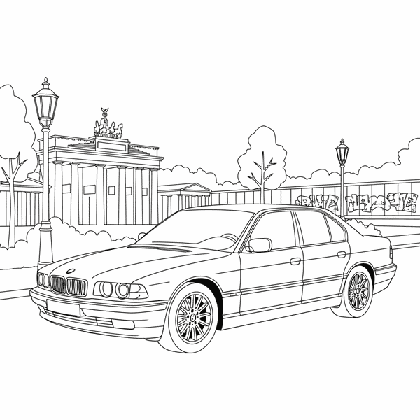 Malvorlage: Ein weißer BMW 740i von 1996 steht in Berlin vor einer