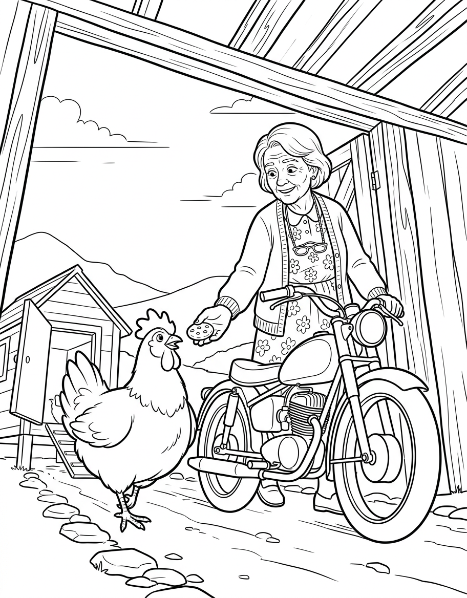 Seite 3: Oma Jutta seufzt, dann fasst sie einen Entschluss. Sie reicht dem Huhn einen Honig-Keks, dessen Glitzern im gedämpften Licht aufleuchtet. Gemeinsam schieben sie das Motorrad aus dem Stall, bereit für eine neue Idee.
