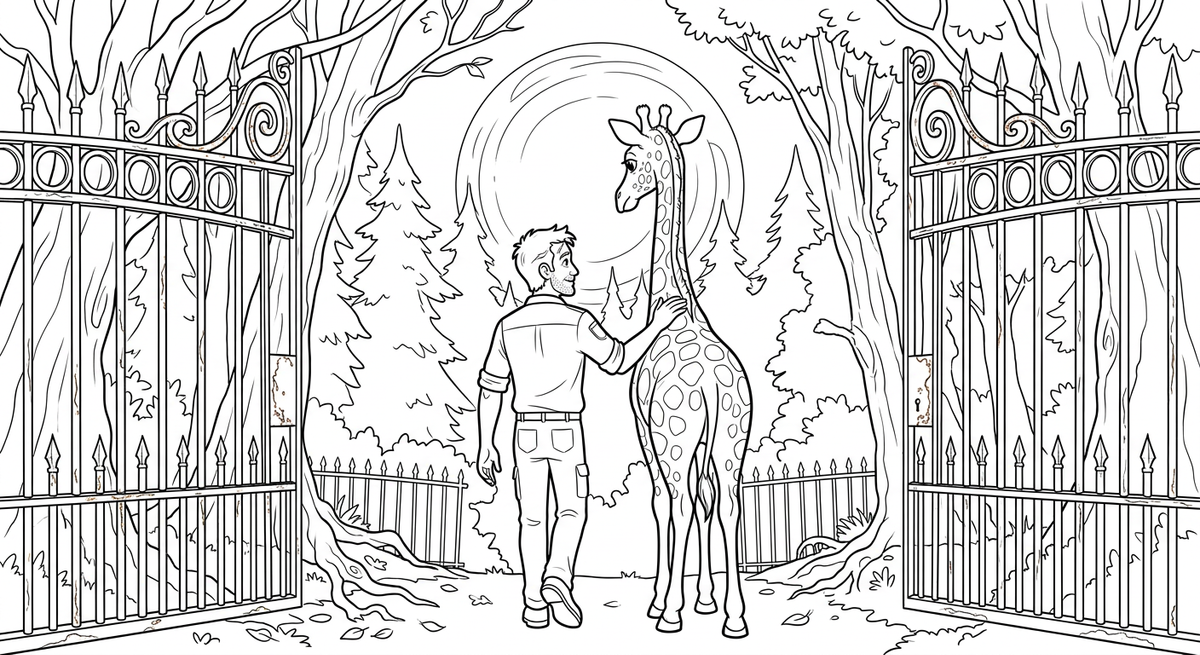 Seite 4: Das Tor öffnet sich mit einem leisen Knarren, und dahinter offenbart sich ein Wald, dessen Bäume im Mondlicht silbern leuchten. Die Giraffe stößt eine leise Atemwolke aus, als sie dem Zoowärter folgt. Ein Versprechen liegt in der Stille dieser neuen Welt.