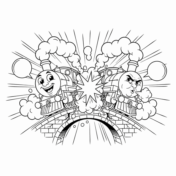 Malvorlage: Zwei Cartoon-Züge stoßen auf einer Brücke zusammen, der