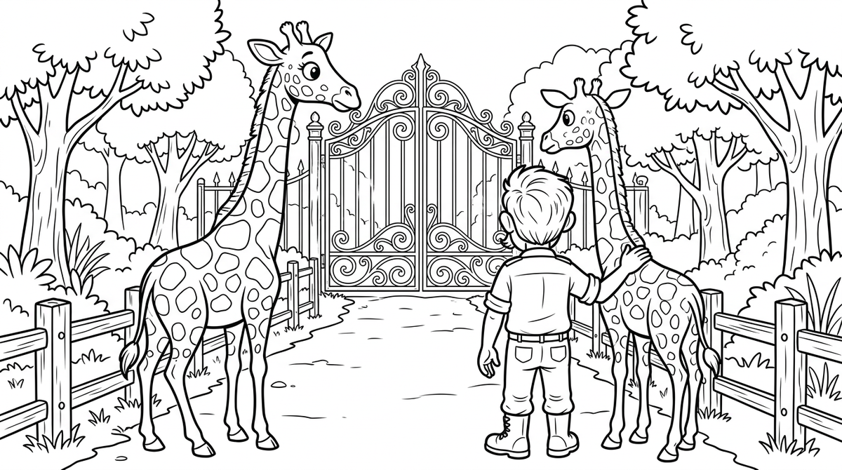 Seite 2: Plötzlich bleibt die Giraffe stehen, ihre goldenen Augen fixieren einen Punkt in der Ferne. Ein seltsames Glitzern geht von einem alten, verrosteten Tor aus, das normalerweise verschlossen ist. Der Zoowärter spürt eine innere Anspannung, als die Giraffe unruhig mit dem Kopf schüttelt.