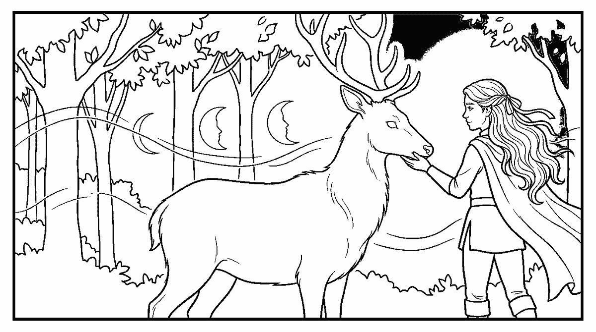 Seite 4: Ein warmer Windhauch streicht durch den Hain, als der Hirsch sanft ihre Hand berührt. Die Stille des Waldes wird zu einem Echo ihrer neuen, ungesprochenen Verbindung.