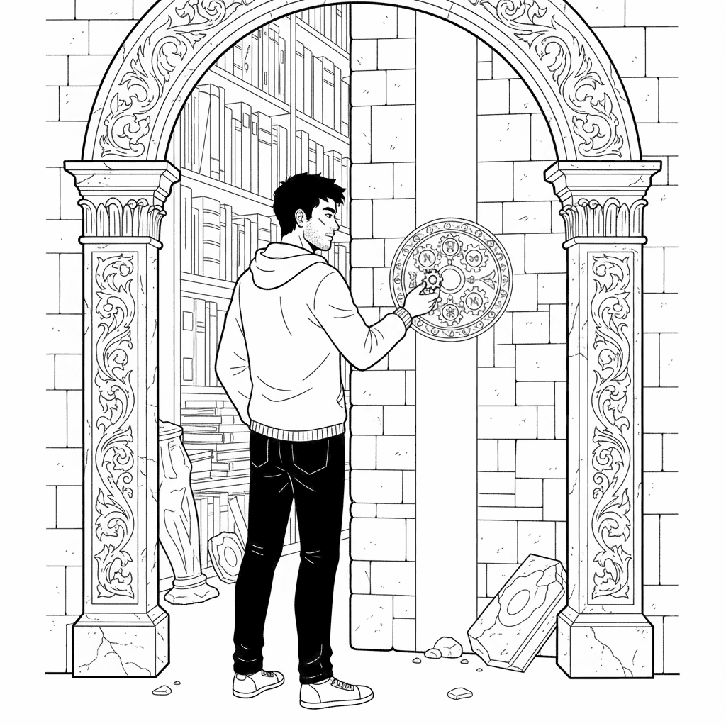 Seite 4: Tief in den Katakomben der Bibliothek findet der Student eine versteckte Nische. Ein schwacher Lichtspalt offenbart ein altes Siegel an der Wand, das perfekt zu dem Zahnrad passt und ein uraltes Geheimnis birgt.