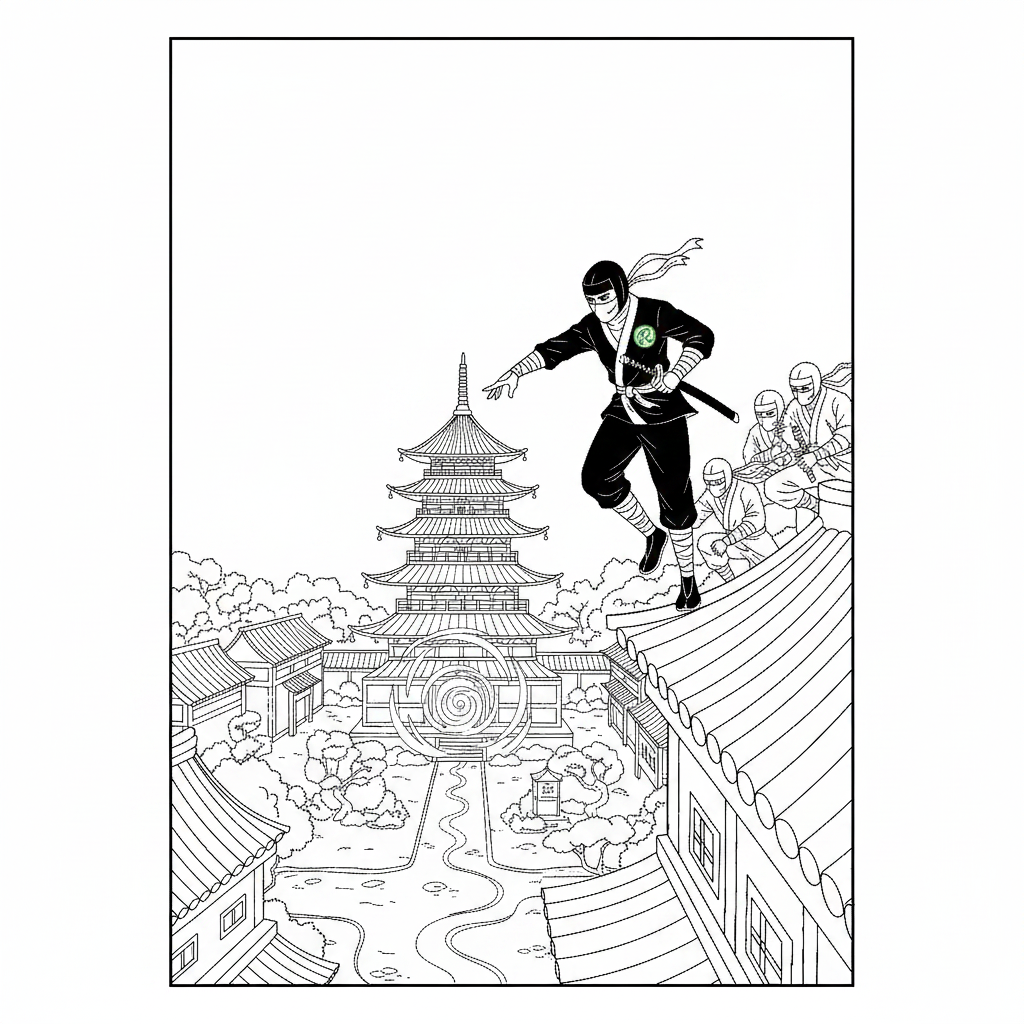 Seite 3: Der Ninja-Meister zögert nur einen Atemzug, dann fällt seine Entscheidung. Er deutet seinen Gefährten an, ihm zu folgen. Die Pforte zu einem alten Tempelhof liegt vor ihnen, ein Ort voller Geheimnisse.