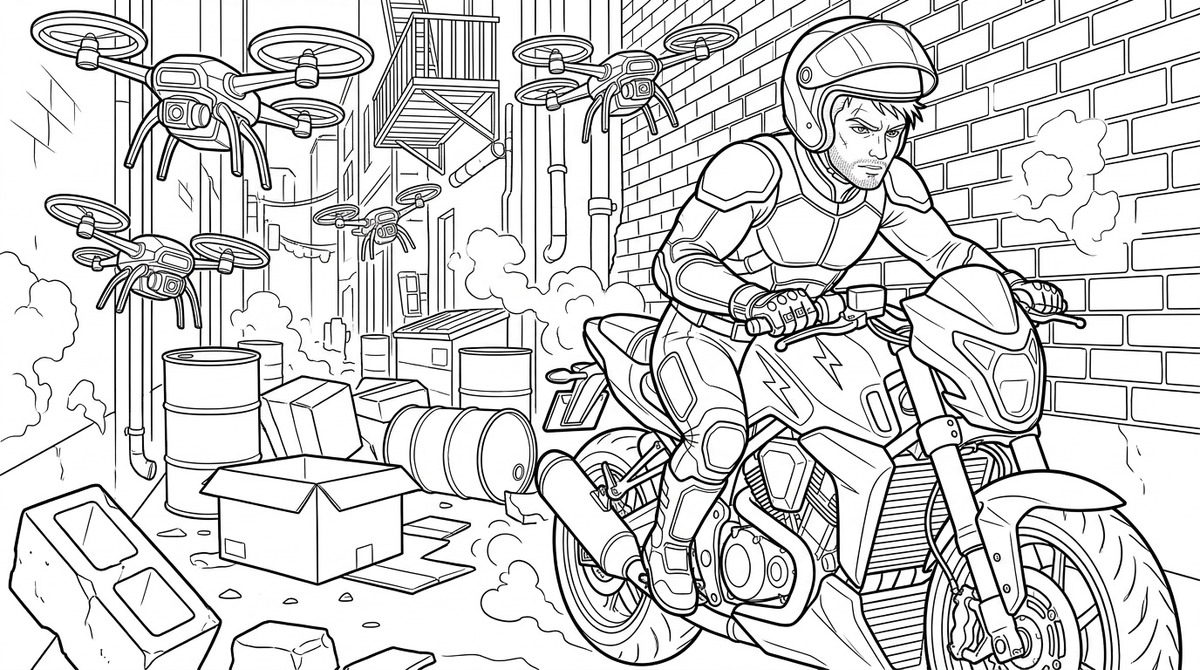 Seite 3: Funken sprühen, als eine Drohne die Verkleidung streift, doch der Rider bleibt ruhig. Er sieht eine enge Gasse, ein riskantes Manöver, das die Verfolger abhängen könnte. Ein schneller Blick in den Rückspiegel, dann ein entschlossener Ruck am Lenker.