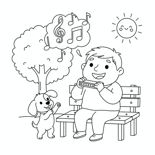 Malvorlage: Ein Musiker spielt ein Lied und ein kleiner Hund tanzt dazu