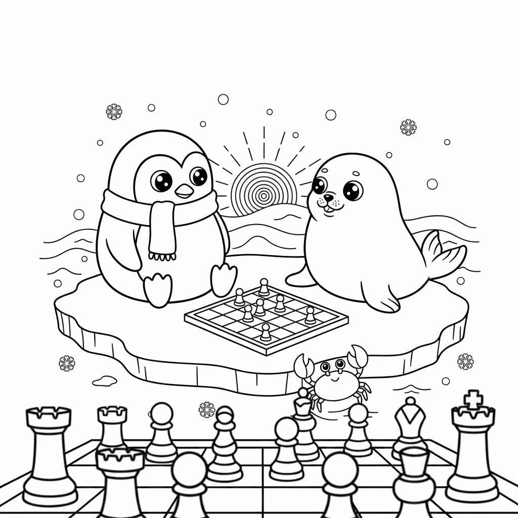 Seite 3: Die Seerobbe stieß ein leises Flüstern aus, als sie auf etwas in der Ferne zeigte. Der Pinguin, der die Stille des Eismeers liebte, spürte eine innere Anspannung, doch er fasste einen Entschluss und nickte der Seerobbe zu.