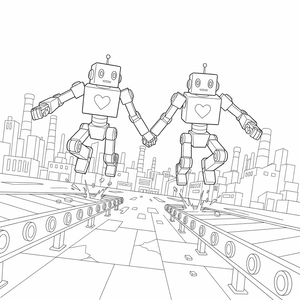 Seite 3: Plötzlich ertönt ein lautes Warnsignal; blinkend rot leuchten die Anzeigen auf. Kubo packt die Hand des anderen Roboters, ihre Greifzangen verhaken sich fest, während sie gemeinsam einen Sprung wagen, um den Überwachungsstrahlen zu entkommen.