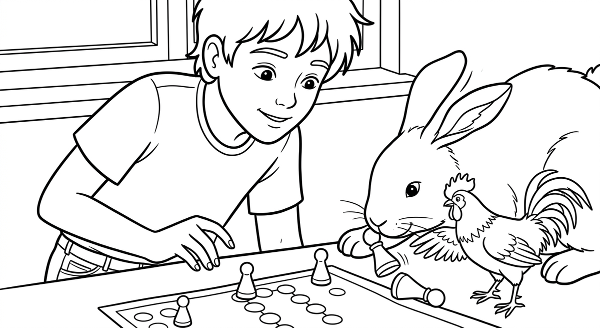 Seite 2: Plötzlich fällt ein Glitzern vom Fenster herein, ein sanftes Mondlicht, das die Spielfiguren in magisches Licht taucht. Der Hase spitzt die Ohren, seine Atemwolke haucht leise gegen die Hand der Spielerin.