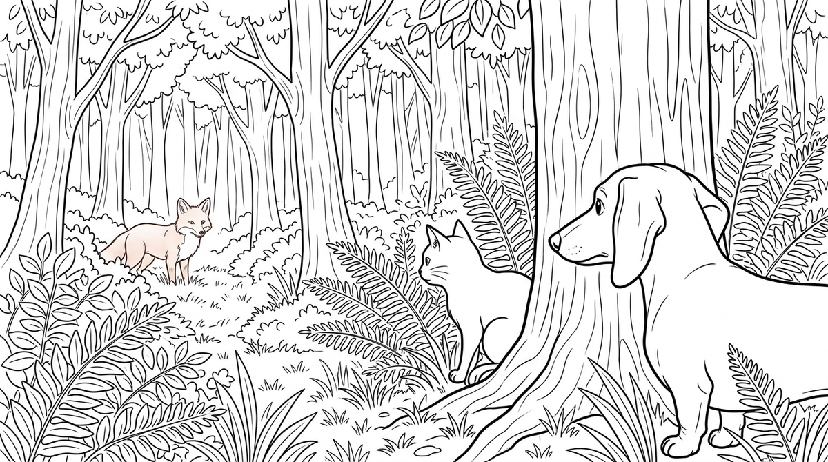 Seite 2: Zwischen den Farnen entdeckte er die kleine Katze, die sich ängstlich an einen Baumstamm schmiegte. Ein Schatten huschte durch das Unterholz, und der scharfe Geruch von Fuchs lag in der Luft, eine drohende Gefahr.