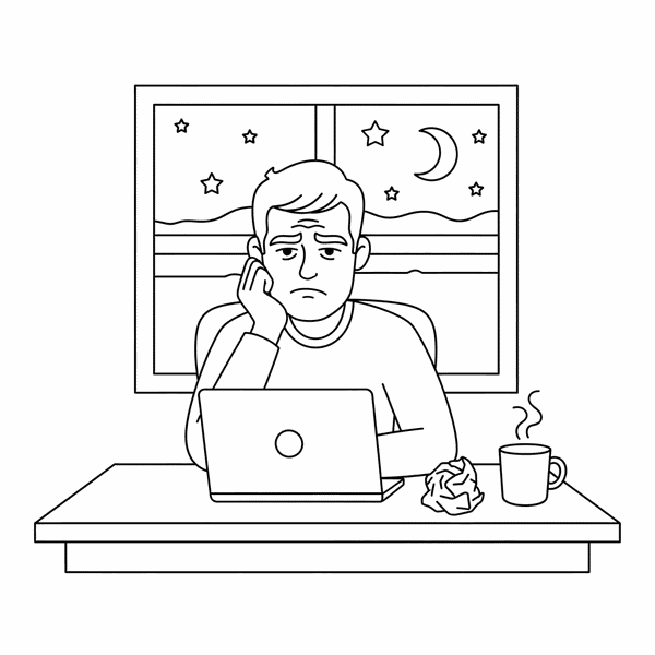 Malvorlage: Ein Mann sitzt vor seinem Laptop und ihm fällt nichts