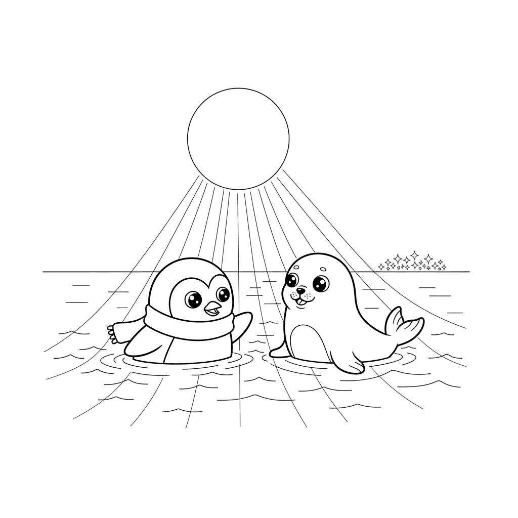 Seite 4: Gemeinsam glitten sie ins kalte Wasser, die Mondsichel spiegelte sich auf der Oberfläche. Ein Versprechen lag in der Luft, als sie dem geheimnisvollen Glitzern entgegen schwammen, ihre Freundschaft war stärker als jede Unsicherheit.