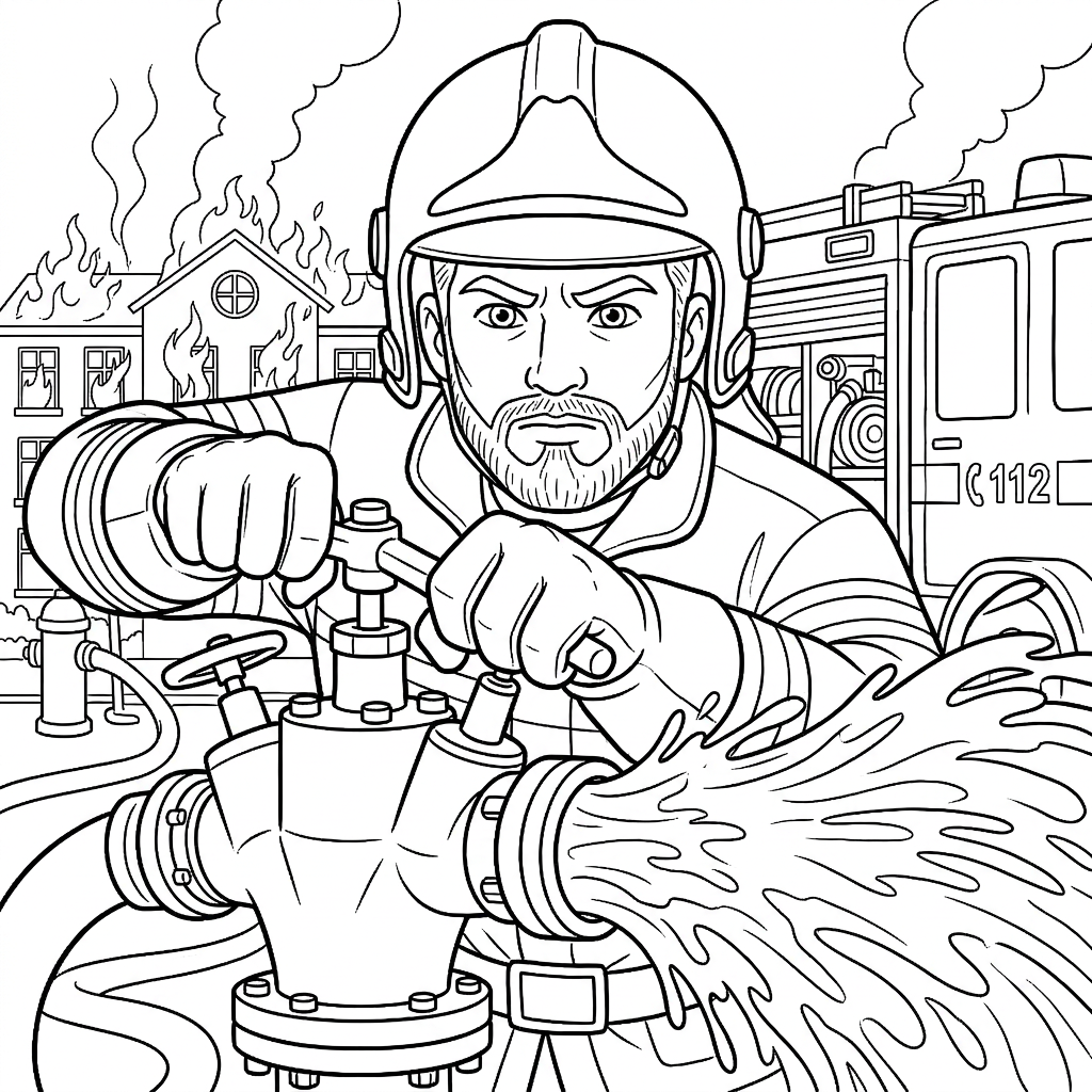 Seite 3: Der Hebel des Hydranten ist schwergängig, doch mit entschlossenem Griff öffnet er die Wasserzufuhr. Ein kräftiger Strahl schießt hervor, der Motor des Pumpenwagens brummt. Er spürt die Schockwelle des Wasserdrucks, ein Kampf gegen die Zeit beginnt.