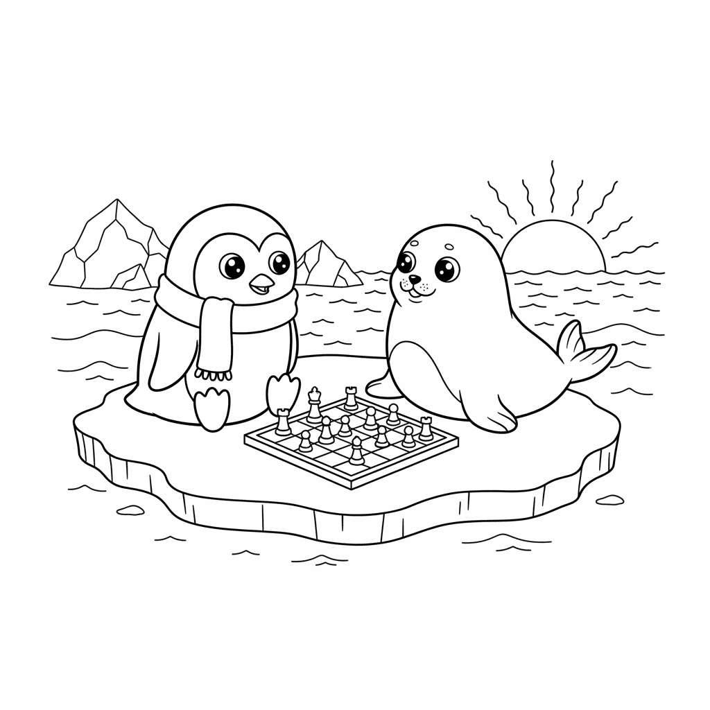 Seite 2: Ein plötzliches Glitzern auf dem Eis lenkte die Seerobbe ab, ihre großen Augen folgten dem Licht. Der Pinguin bemerkte die Unruhe, sein Blick wanderte zwischen dem Brett und dem schimmernden Horizont hin und her.