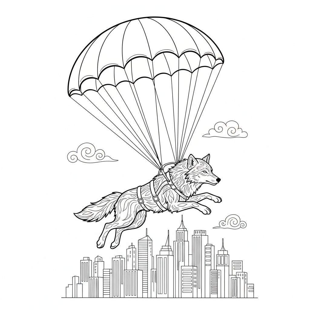 Seite 1: Ein kühler Wind umfängt den Wolf, als er aus dem Flugzeug springt. Unter ihm breitet sich ein schimmerndes Lichtermeer aus, die Stadt erwacht langsam. Er spürt die Stille vor dem Sturm, ein Echo seiner Mission.
