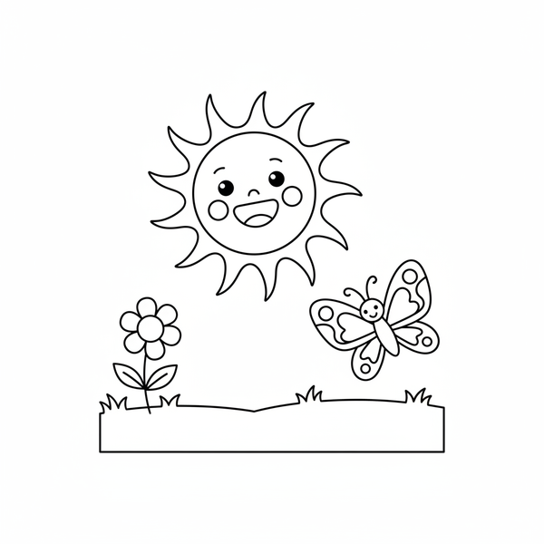 Malvorlage: Eine fröhliche Sonne über einer Blumenwiese