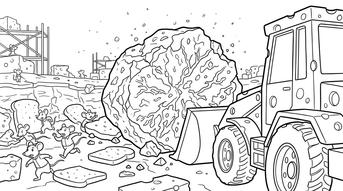 Seite 2: Plötzlich rumpelte ein riesiger Brocken Blauschimmelkäse vom Stapel, drohte die fleißigen Mäuse zu begraben. Der Bagger-Motor knatterte leise, bereit zum Eingreifen.