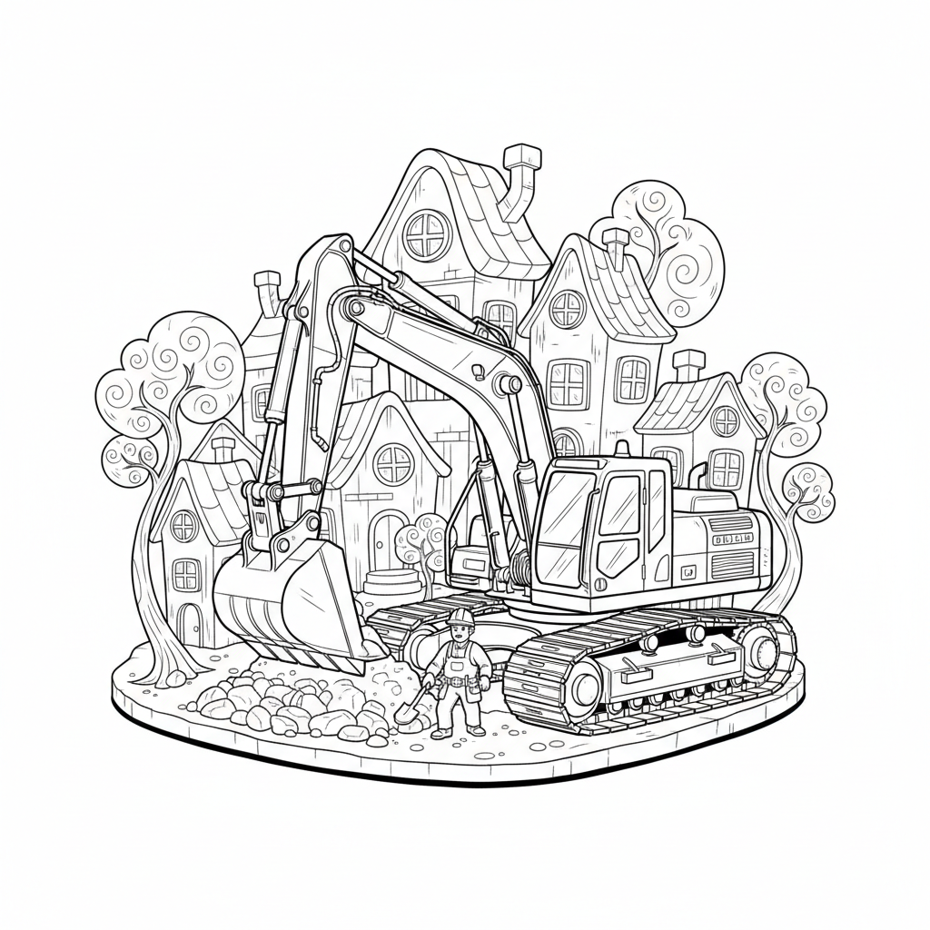 Seite 1: Auf einer winzigen Baustelle, umgeben von kleinen Häusern, stand der große Bagger. Sein Motor lief ruhig, die Ketten ruhten auf dem Erdreich, bereit für den nächsten Einsatz. Ein Bauarbeiter stand daneben und schaufelte Steine.