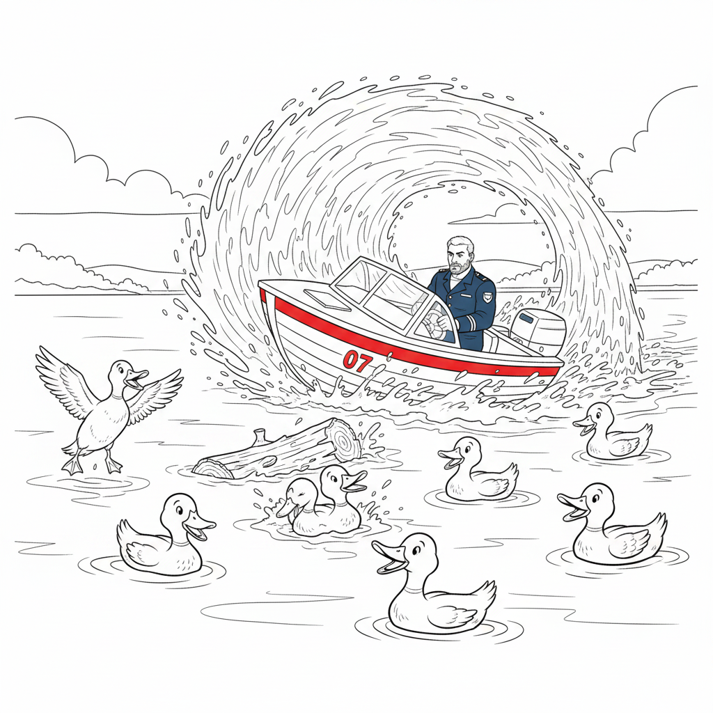 Seite 2: Plötzlich taucht ein Hindernis auf, ein versunkenes Baumstamm ragt aus dem Wasser. Der Kapitän reißt den Hebel herum, der Motor brüllt auf. Das Boot schlingert, die Enten flattern panisch davon, der Stahl des Rumpfes schrammt knapp am Holz vorbei.