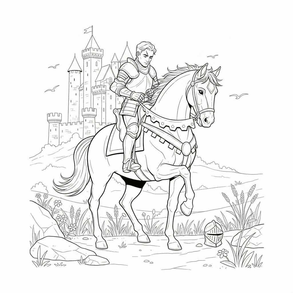 Seite 3: Mit ruhiger Hand steigt der Ritter ab, sein Atem bildet eine leichte Wolke in der kühlen Luft. Er befreit den Huf seines Pferdes, ein Moment der Stille zwischen ihnen. Ein warmes Gefühl der Verbundenheit durchströmt ihn, als er dem Tier sanft über die Nüstern streicht.