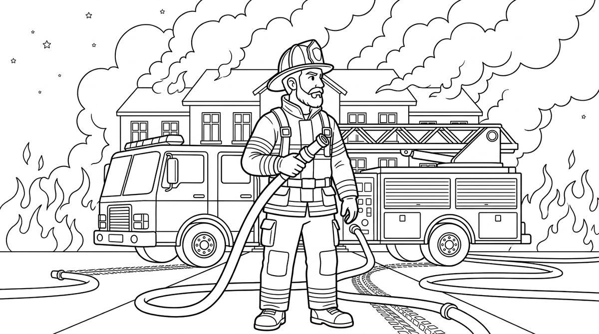 Seite 4: Der Dunst des Löschwassers steigt auf, mischt sich mit dem Rauch. Langsam weichen die Flammen zurück, nur noch glühende Krater zeugen vom Inferno. Der Feuerwehrmann blickt auf die gerettete Schule, ein Gefühl der Erleichterung durchströmt ihn. Seine Arbeit ist getan, die Gefahr gebannt.
